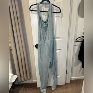 Light blue halter style jumpsuit terry cloth soft material